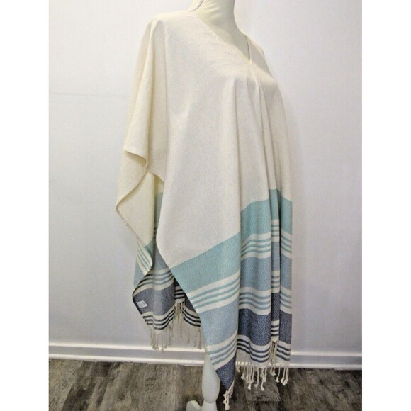Other - Womens OS Cream Blue Stripes Fringe Poncho Beach Caftan Coverup Boho Tribe Alive